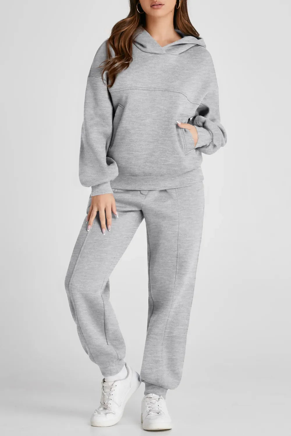 Gray Dropped Shoulder Hoodie and Pants Active Set