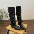 Studded Buckle Block Heel Boots