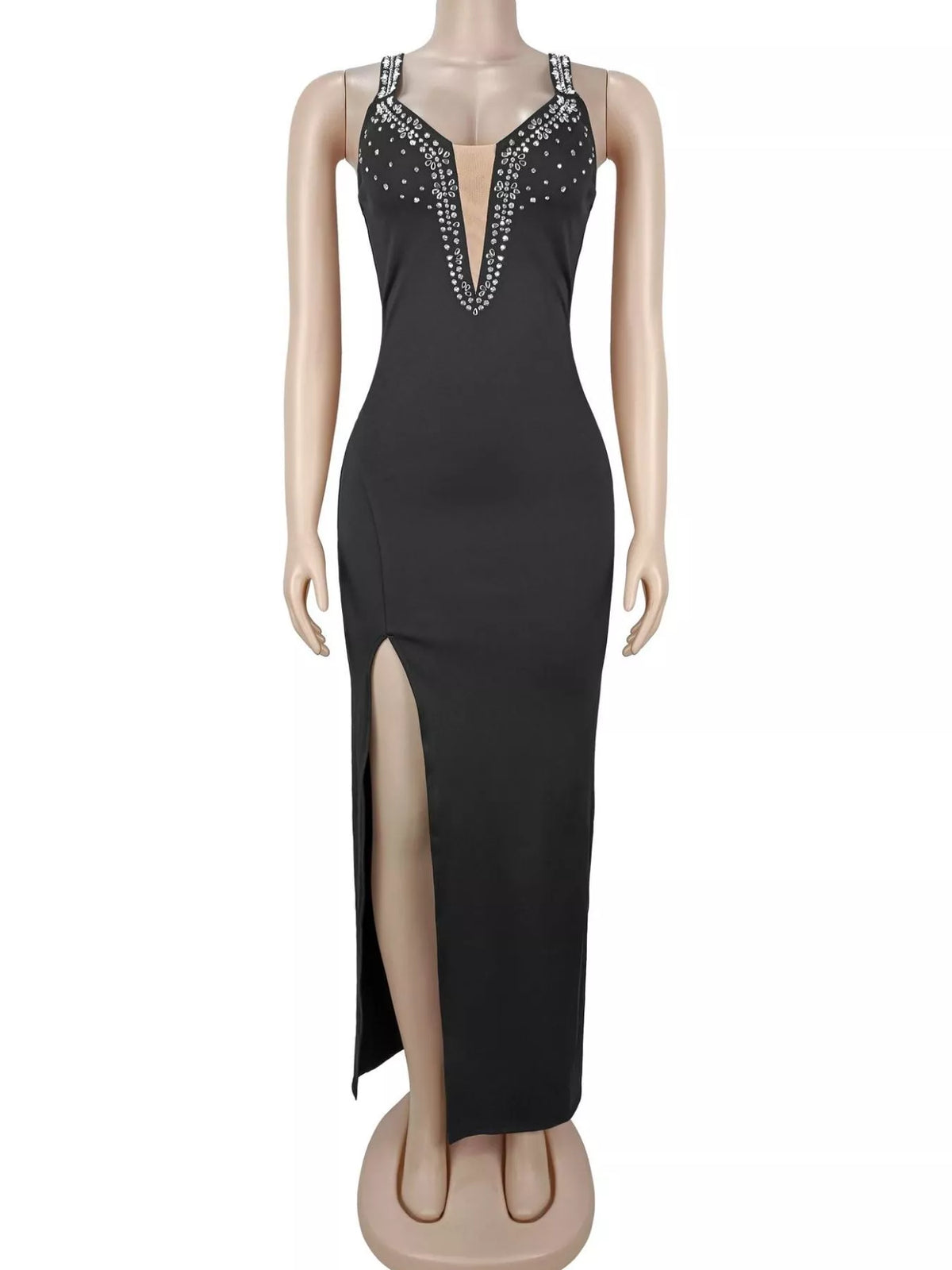 Rhinestone Cutout Back High Slit Maxi Dress
