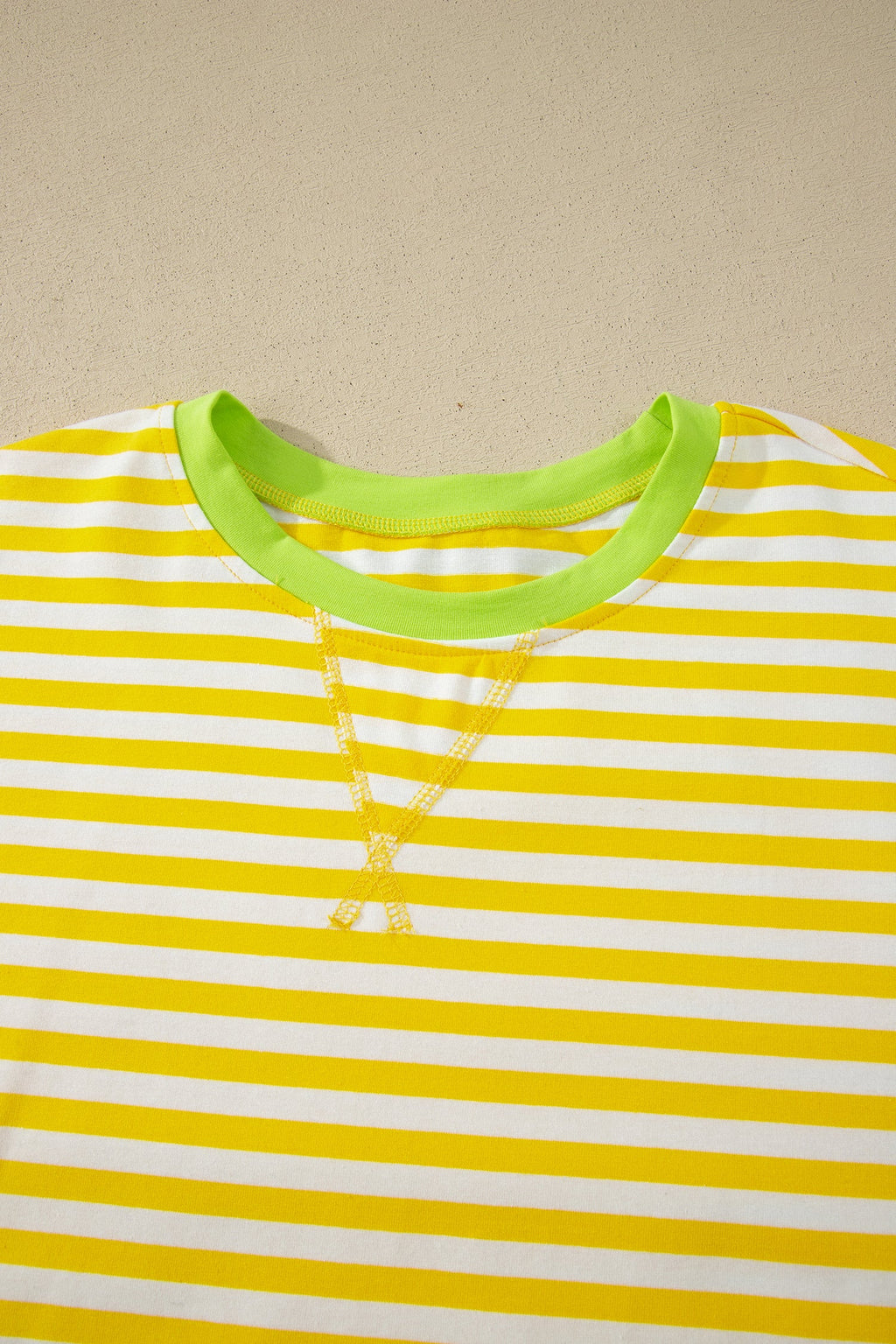 Yellow Stripe Contrast Neck Loose Tee and Drawstring Shorts Set
