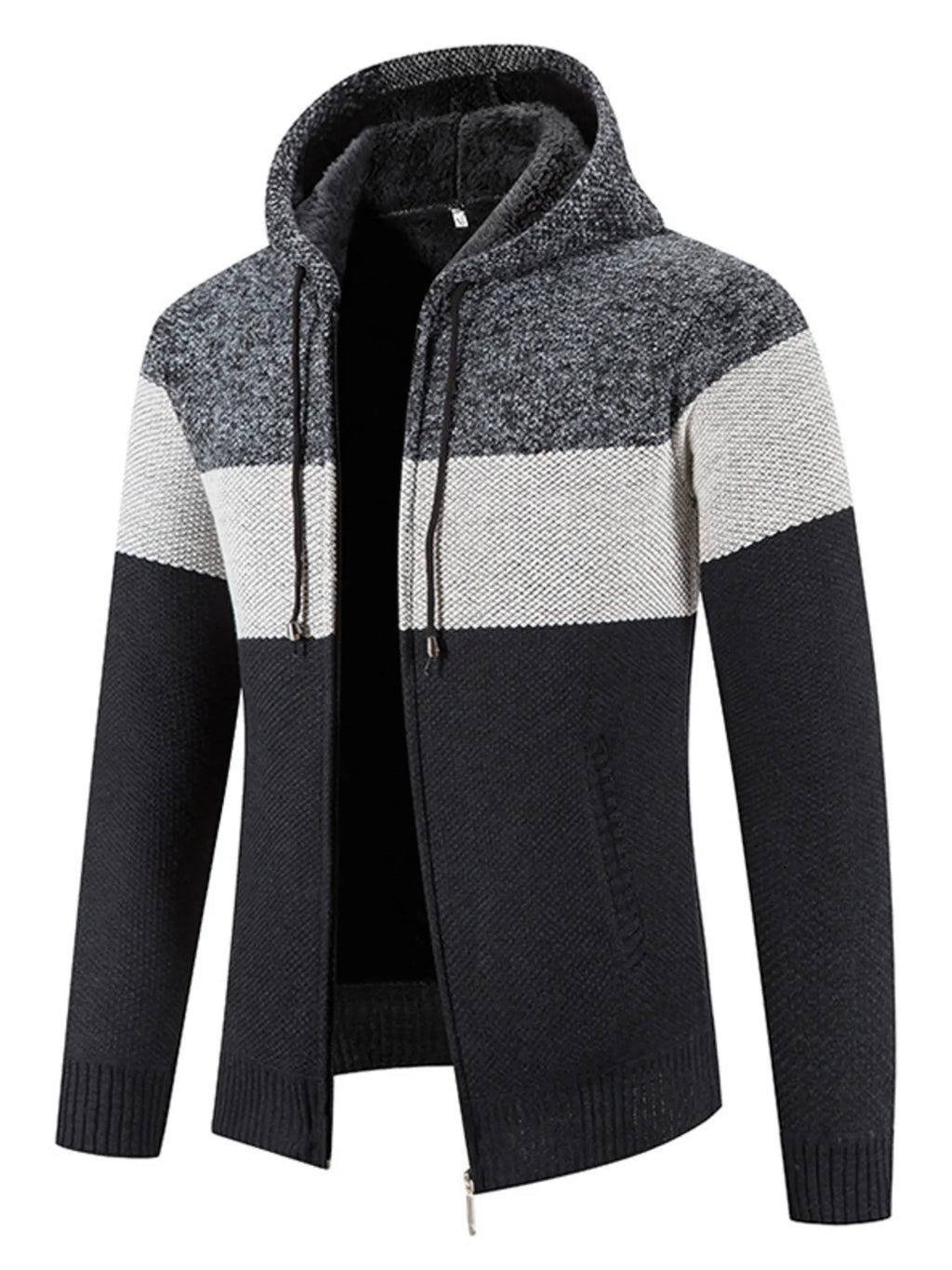 Men's Plus Size Drawstring Color Block Zip Up Cardigan