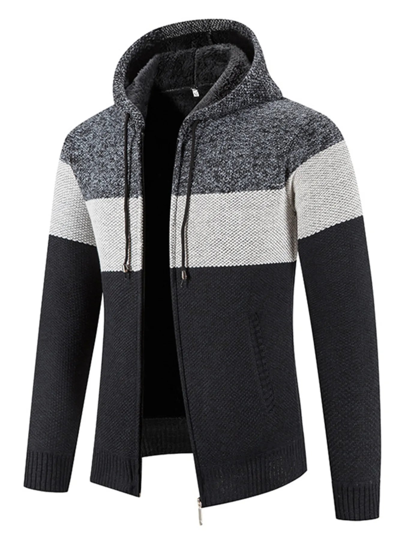 Men's Plus Size Drawstring Color Block Zip Up Cardigan