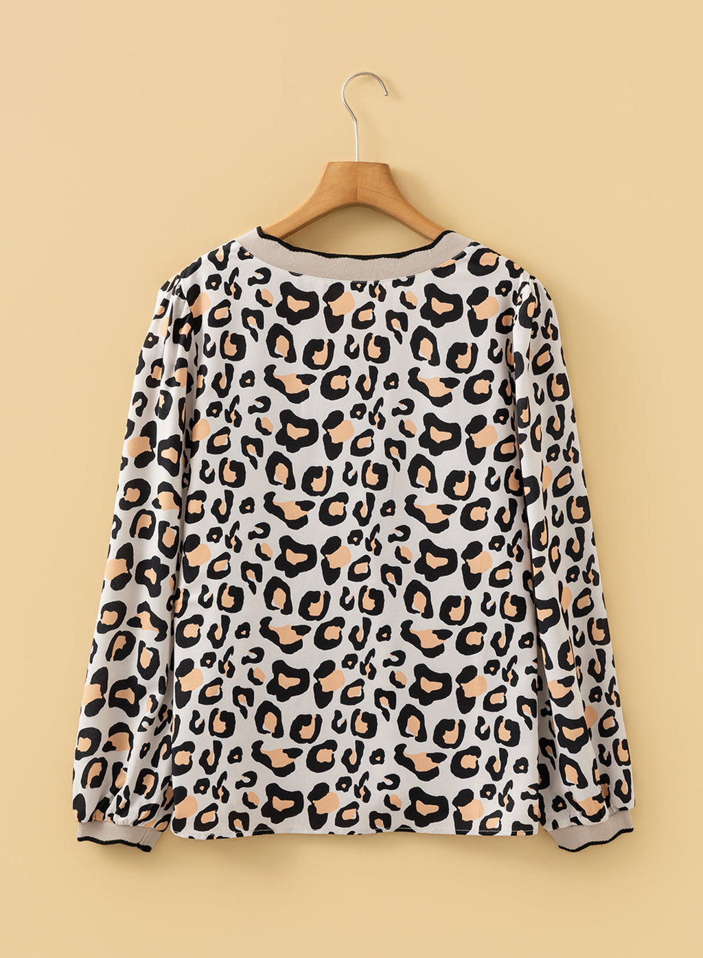 Leopard Contrast Scallop V-Neck Long Sleeve Blouse