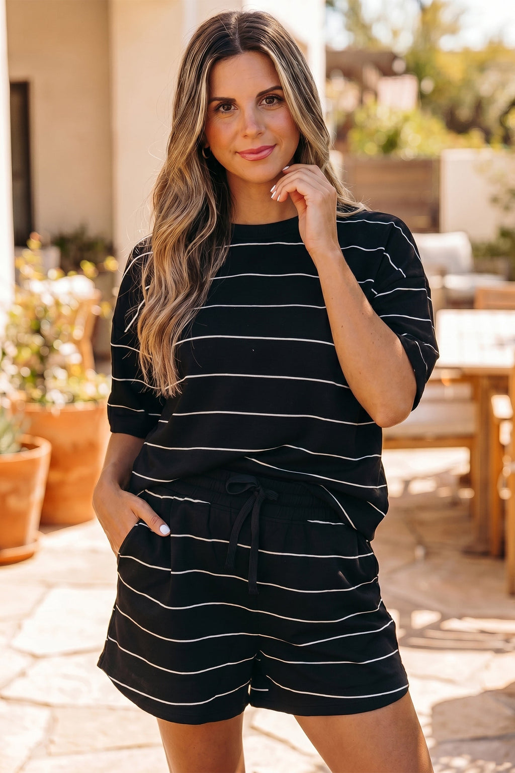 Black Stripe Half Sleeve Tee Drawstring Shorts 2pcs Set