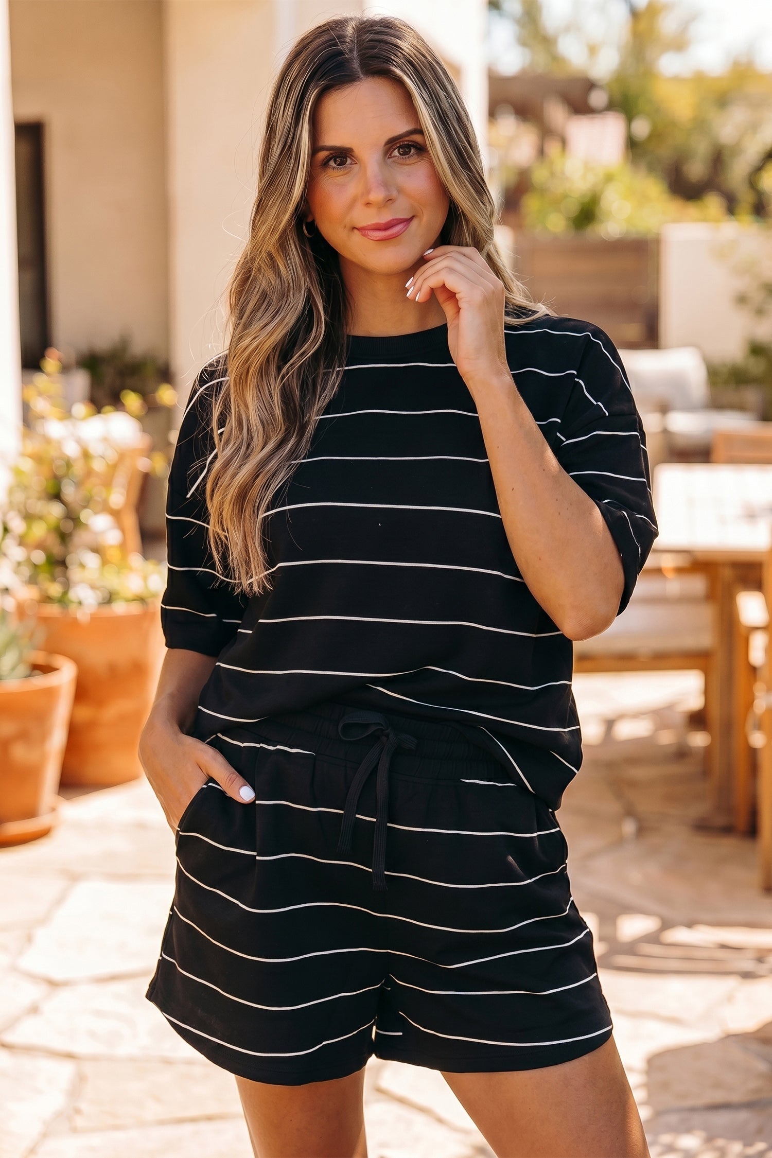 Black Stripe Half Sleeve Tee Drawstring Shorts 2pcs Set
