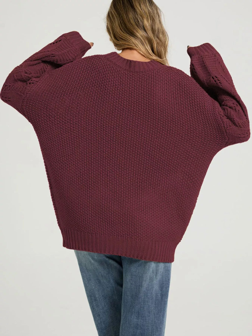Textured Knit Openwork Dropped Shoulder Sweater