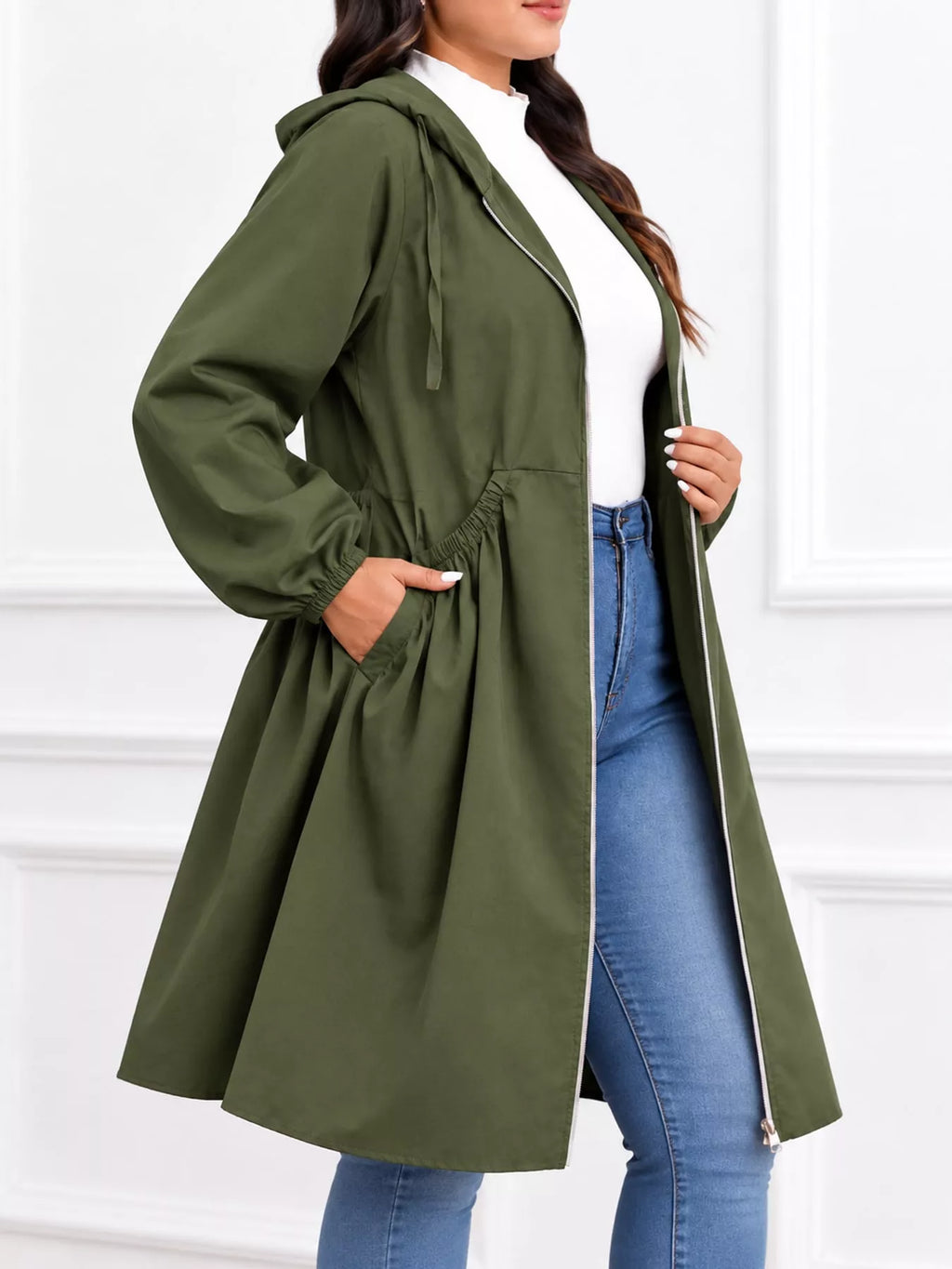 Plus Size Hooded Zip-Up Longline Windbreaker Outerwear