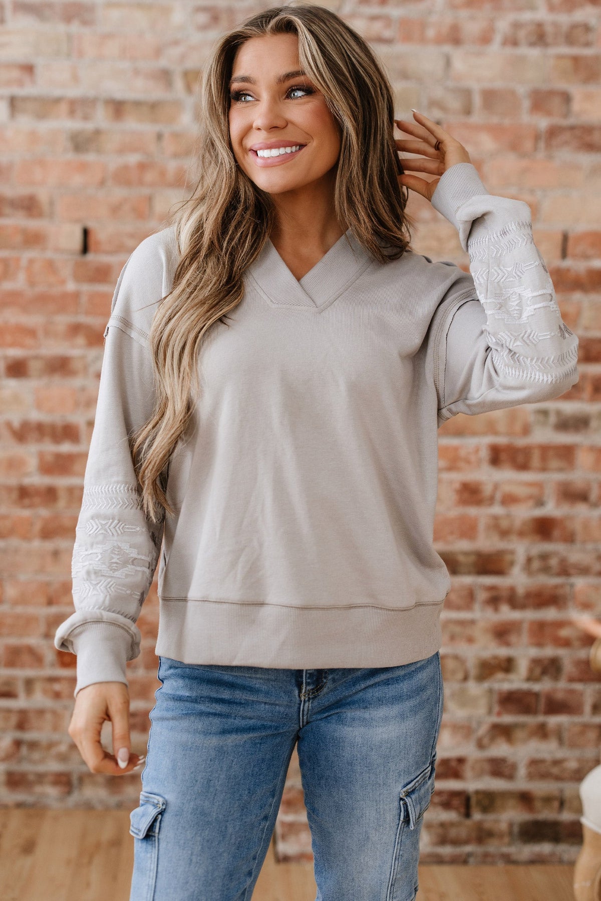 Western Aztec Embroidered Sleeve V-Neck Sweatshirt