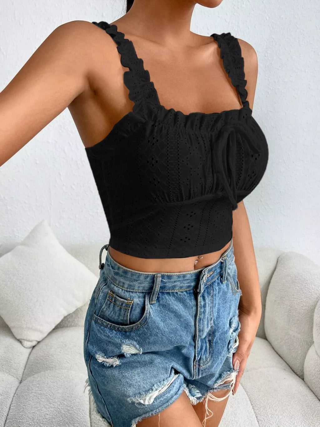 Eyelet Ruffle Strap Tie-Front Tank