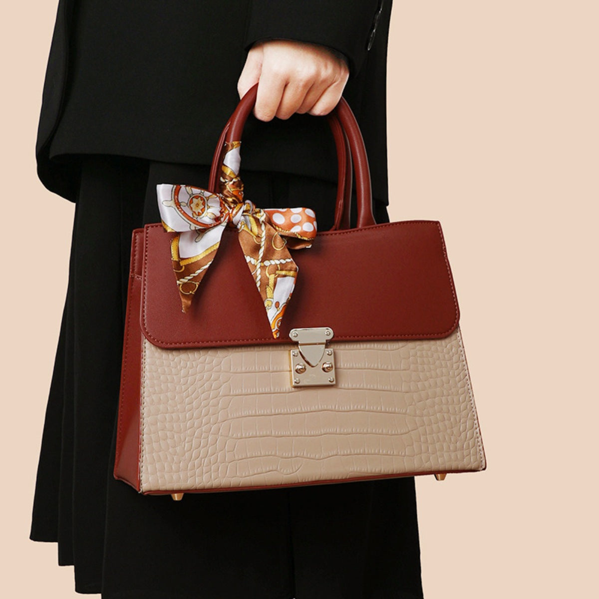 Crocodile Embossed Top Handle Handbag