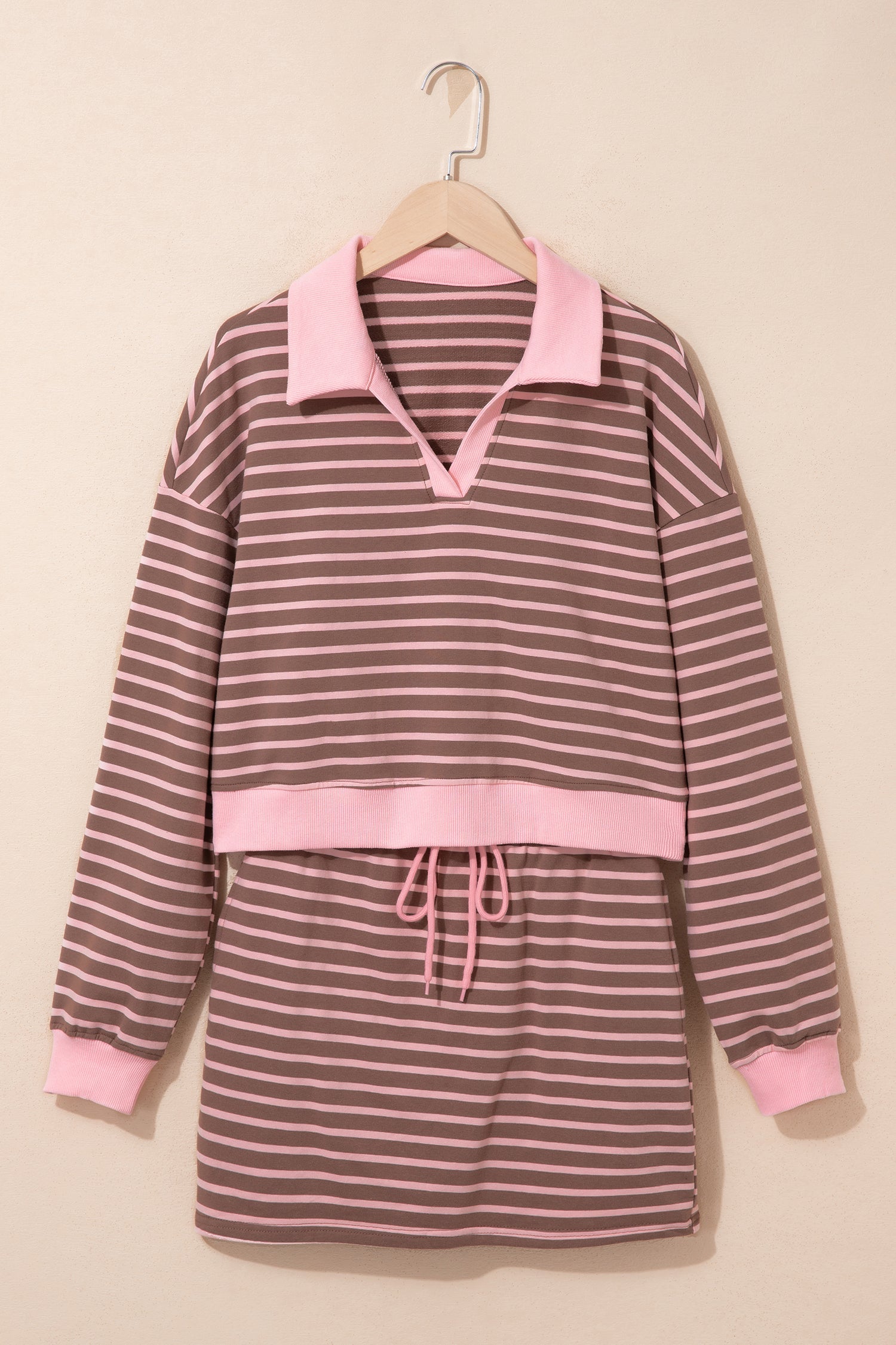 Brown Stripe Striped Drawstring Waist Long Sleeve Top Mini Skort Set