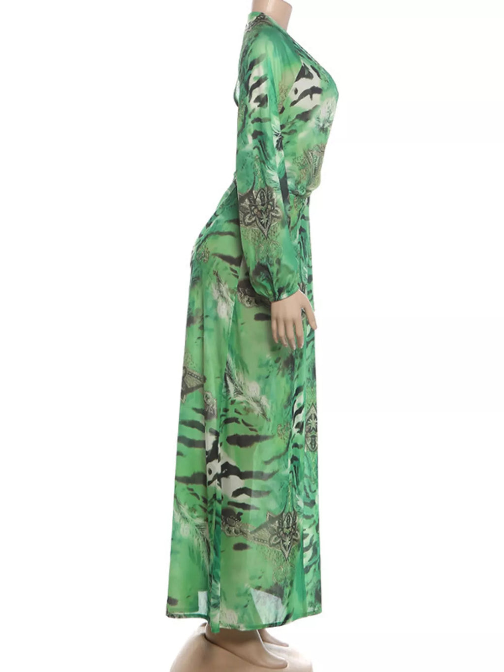 Deep V-Neck Long Sleeve Printed Maxi Dress