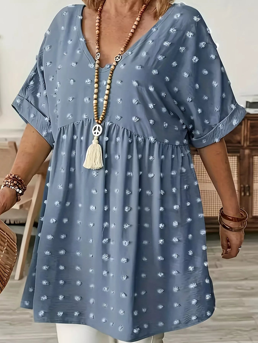 Plus Size Swiss Dot V-Neck Casual Blouse