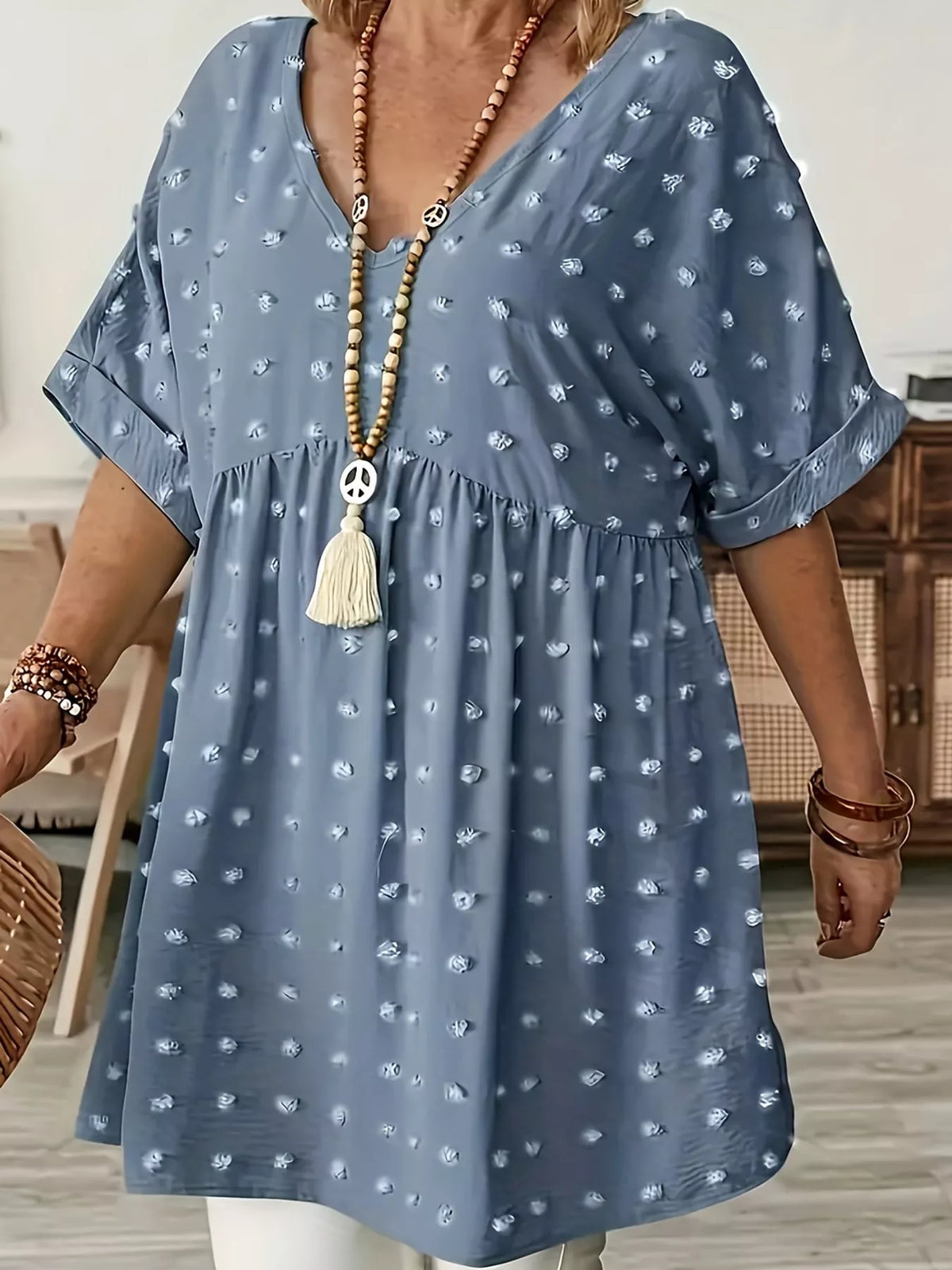 Plus Size Swiss Dot V-Neck Casual Blouse