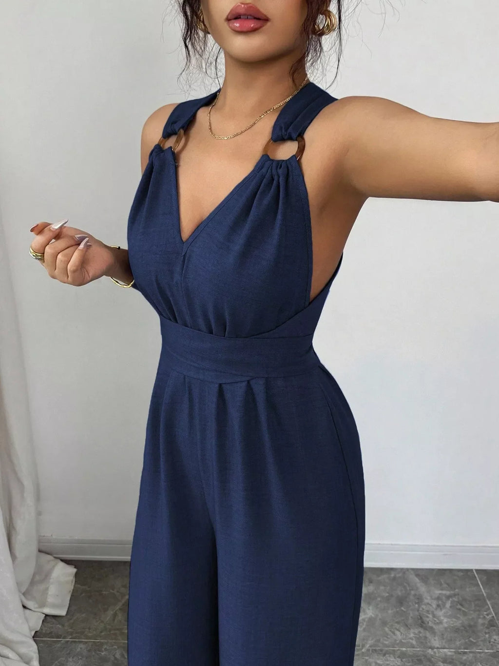 Sleeveless V-Neck Wide-Leg Jumpsuit with O-Ring Detail