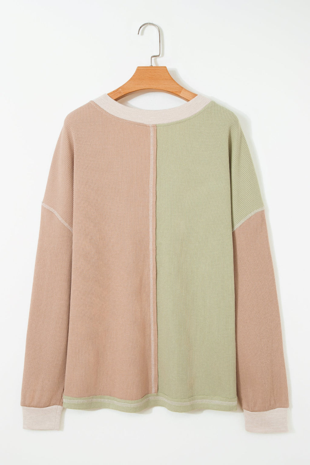 Green Plus Mixed Texture Color Block Patchwork V Neck Long Sleeve Top