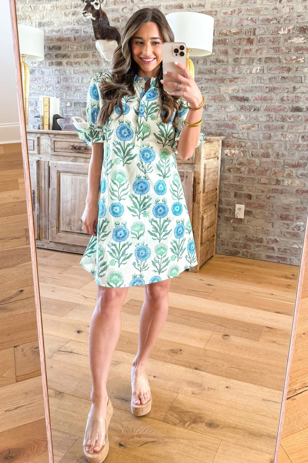 Sky Blue Floral Print Half Button Frilly Short Sleeve Dress