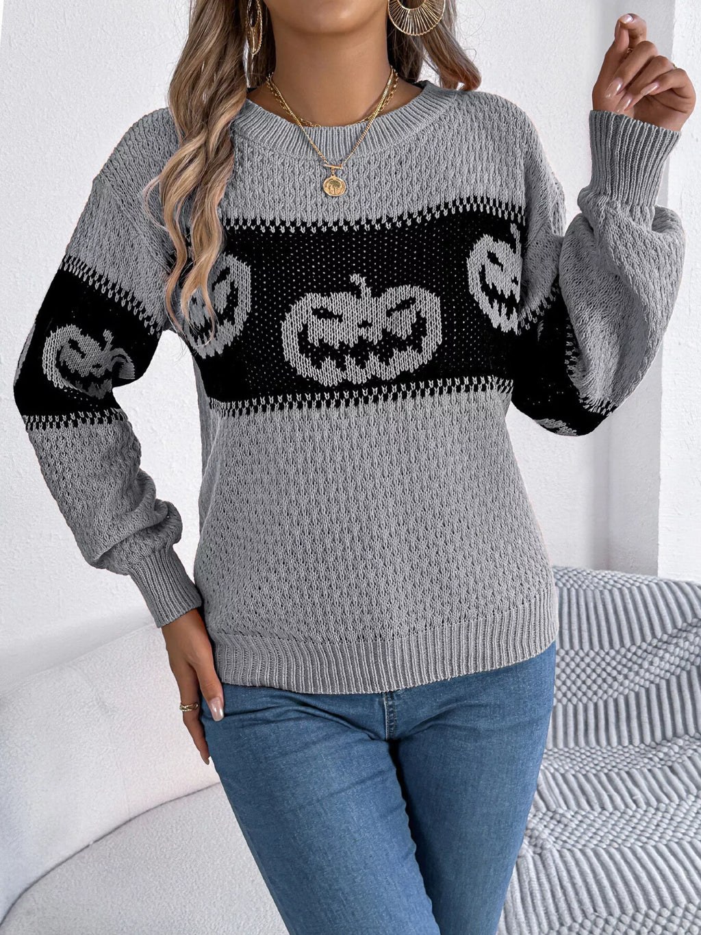 Halloween Pumpkin Pattern Round Neck Sweater