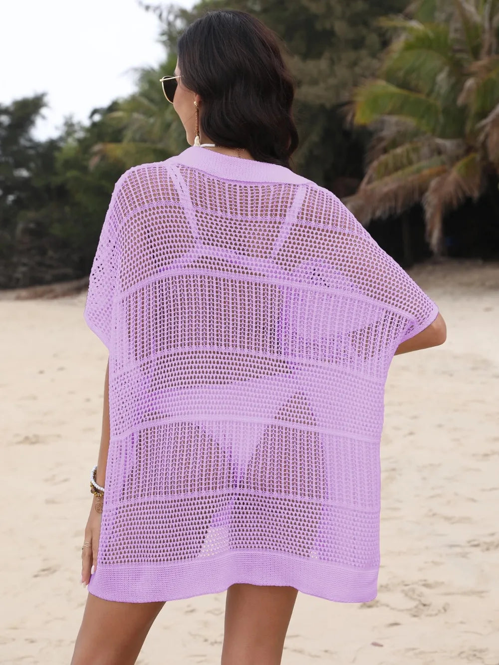 Hollow Out Collared Neck Openwork Sheer Cover-Up