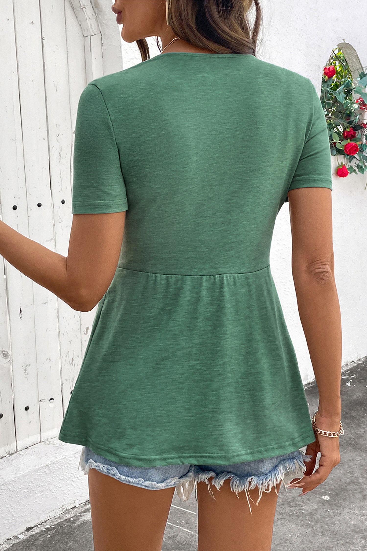 Green Bay Twist Knot V Neck Short Sleeve Blouse