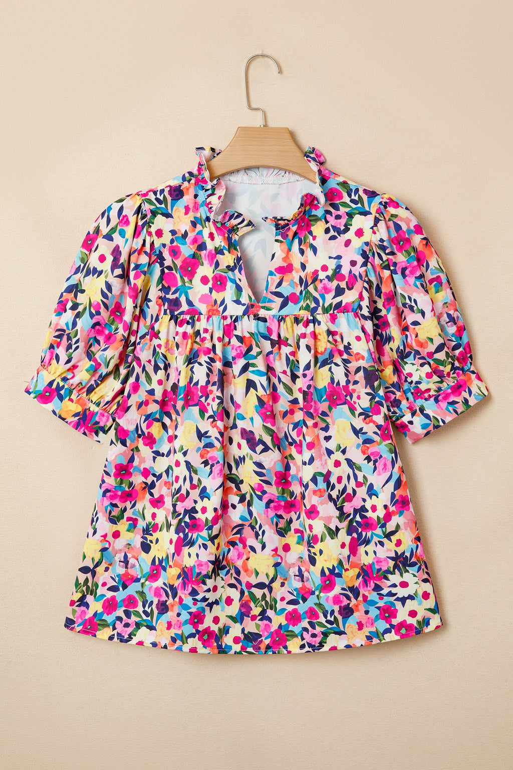 Pink Flower Print Frilled Collar Short Puff Sleeve Summer Blouse