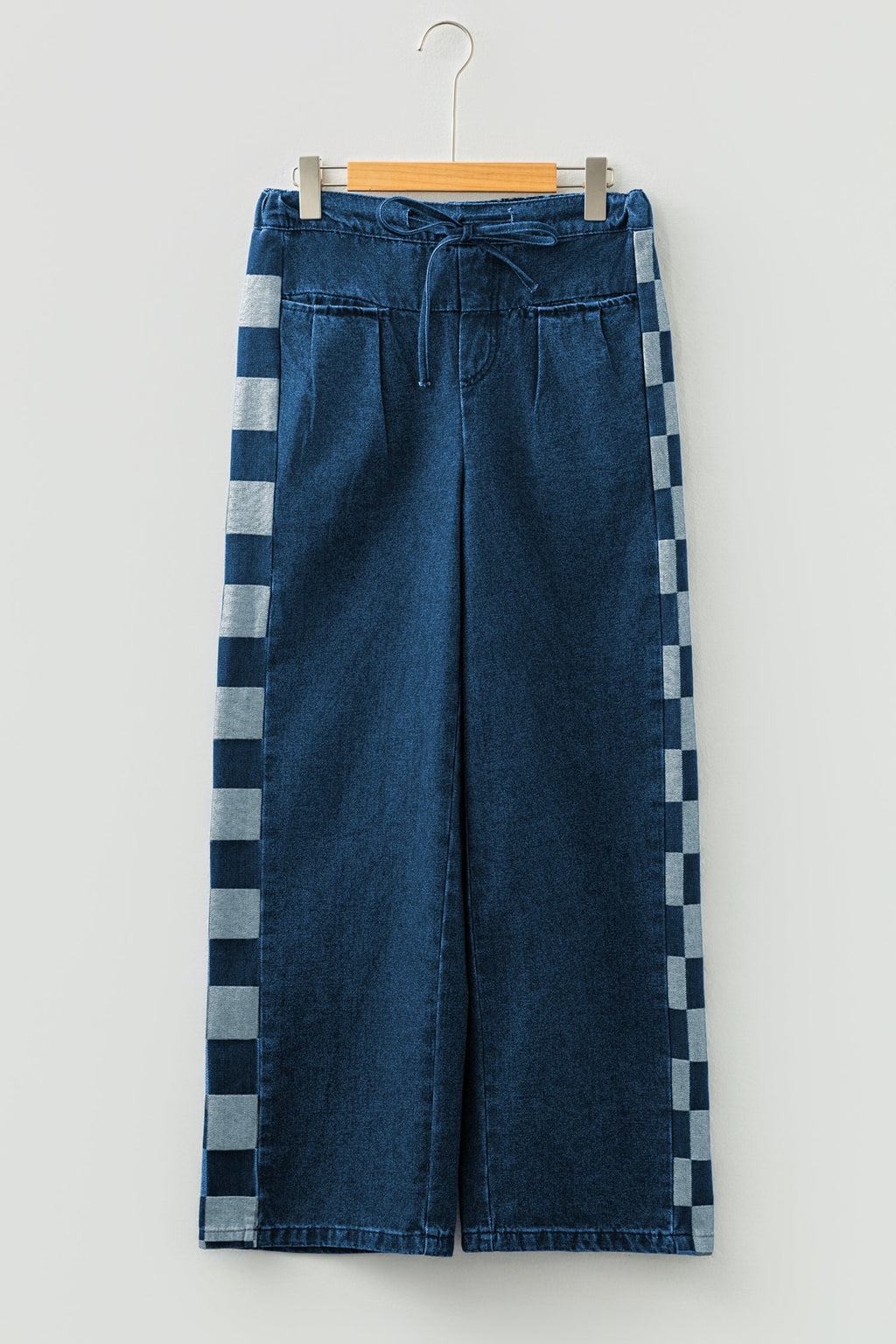 Denim Checker Side Panel Patchwork Drawstring Pants