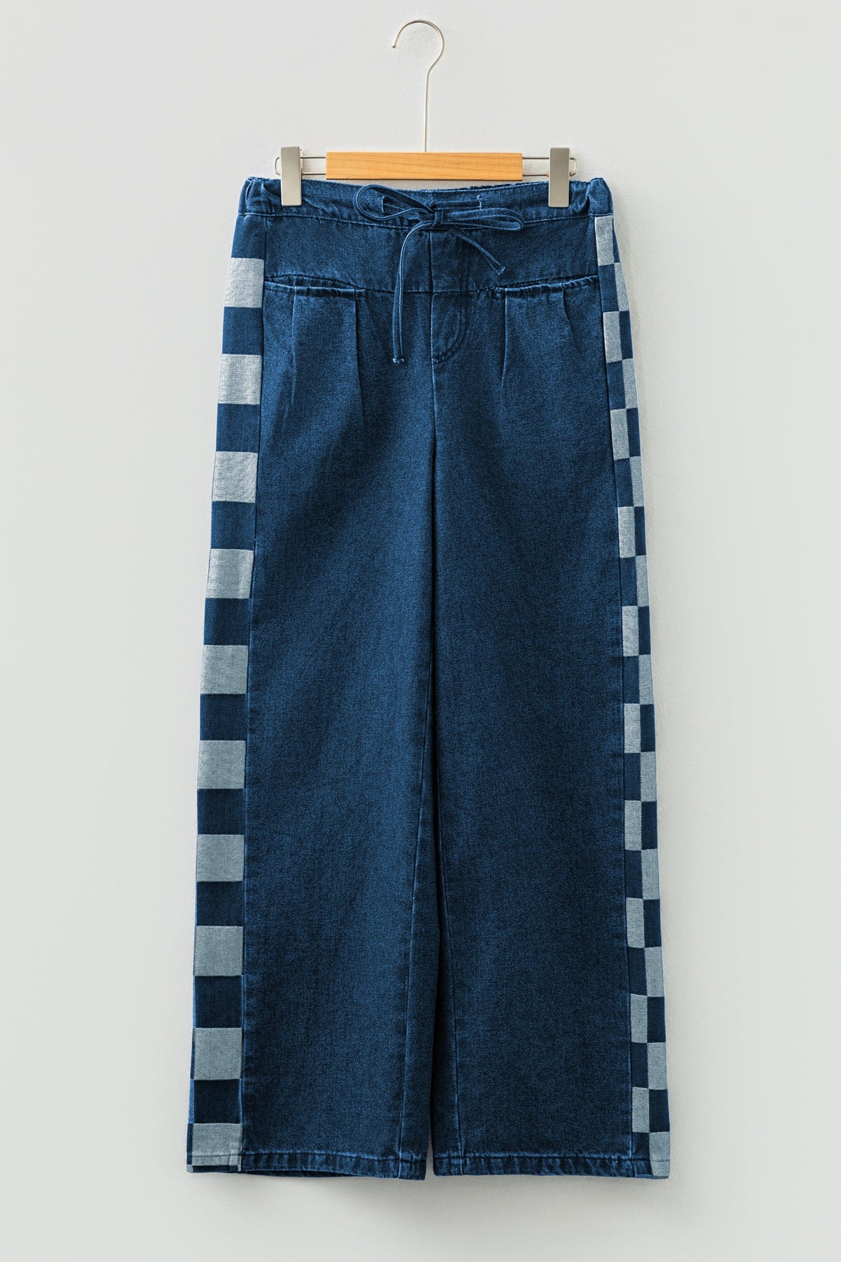 Denim Checker Side Panel Patchwork Drawstring Pants