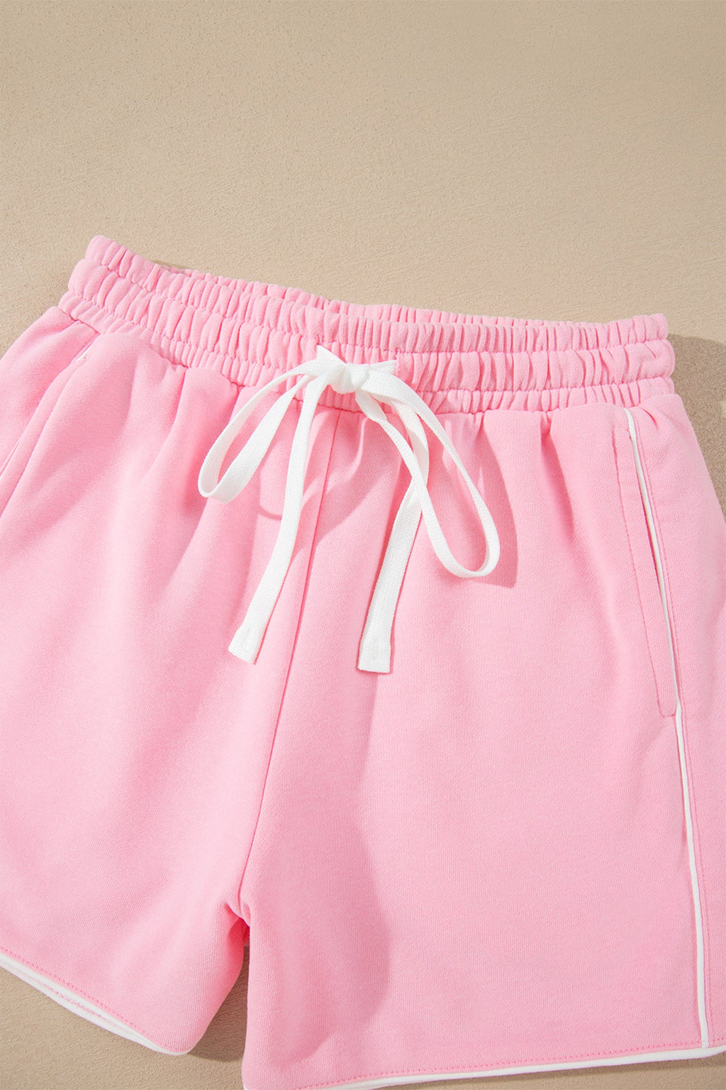 Pink Piping Trim Long Sporty Pullover Drawstring Elastic Waist Shorts Set