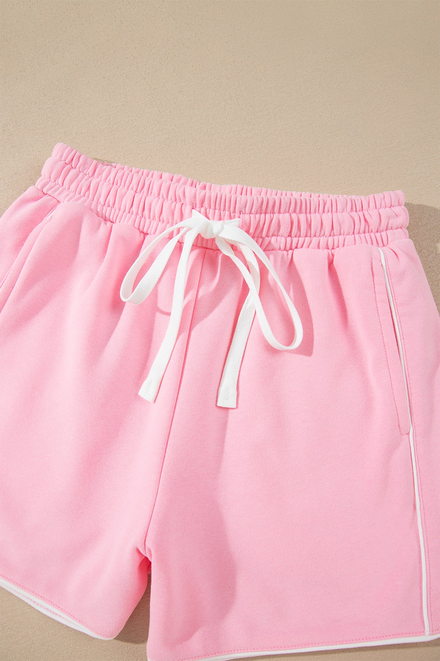 Pink Piping Trim Long Sporty Pullover Drawstring Elastic Waist Shorts Set
