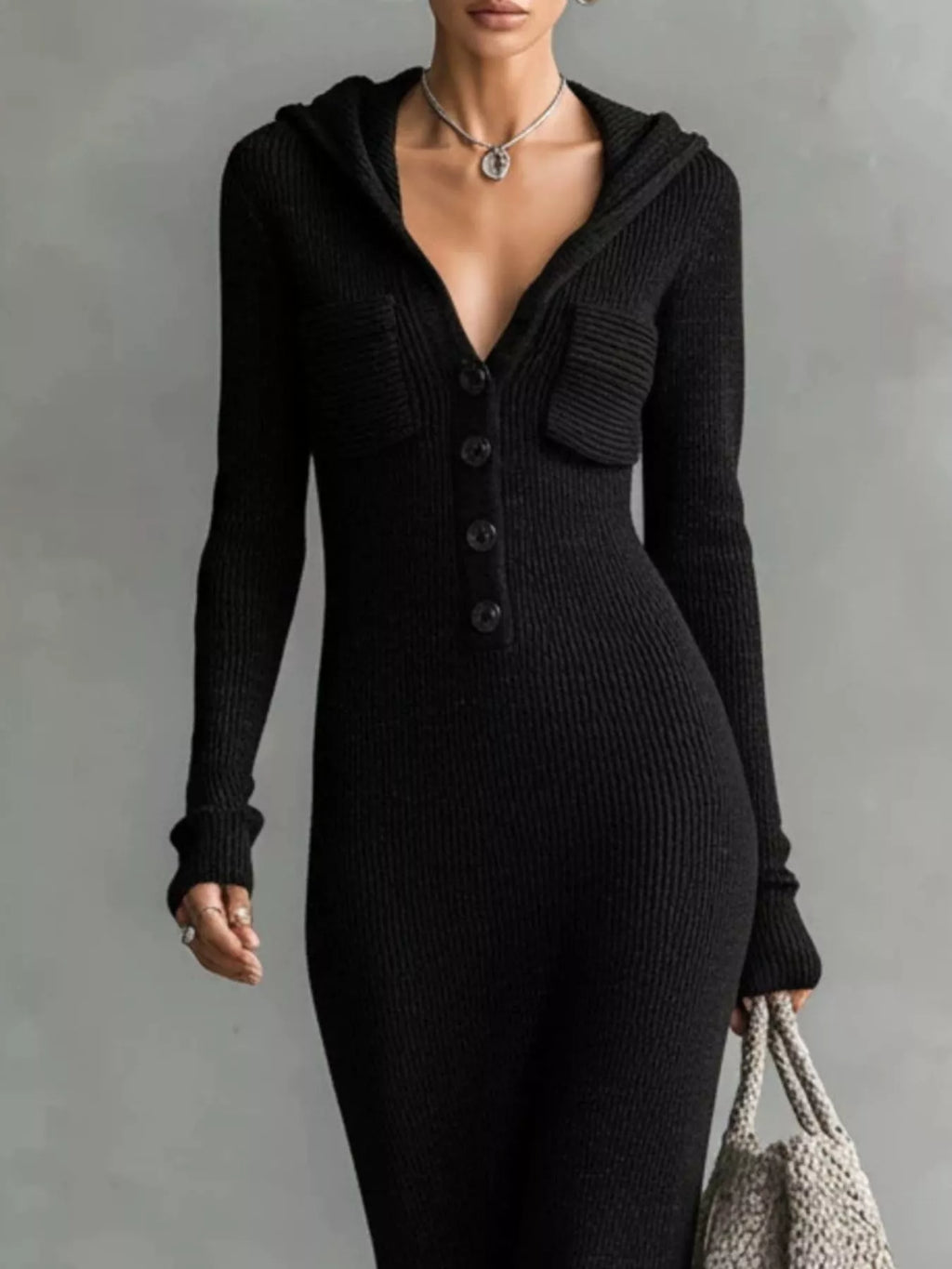 Hooded Knit Maxi Dress with Button-Up Placket and Chest Pockets
