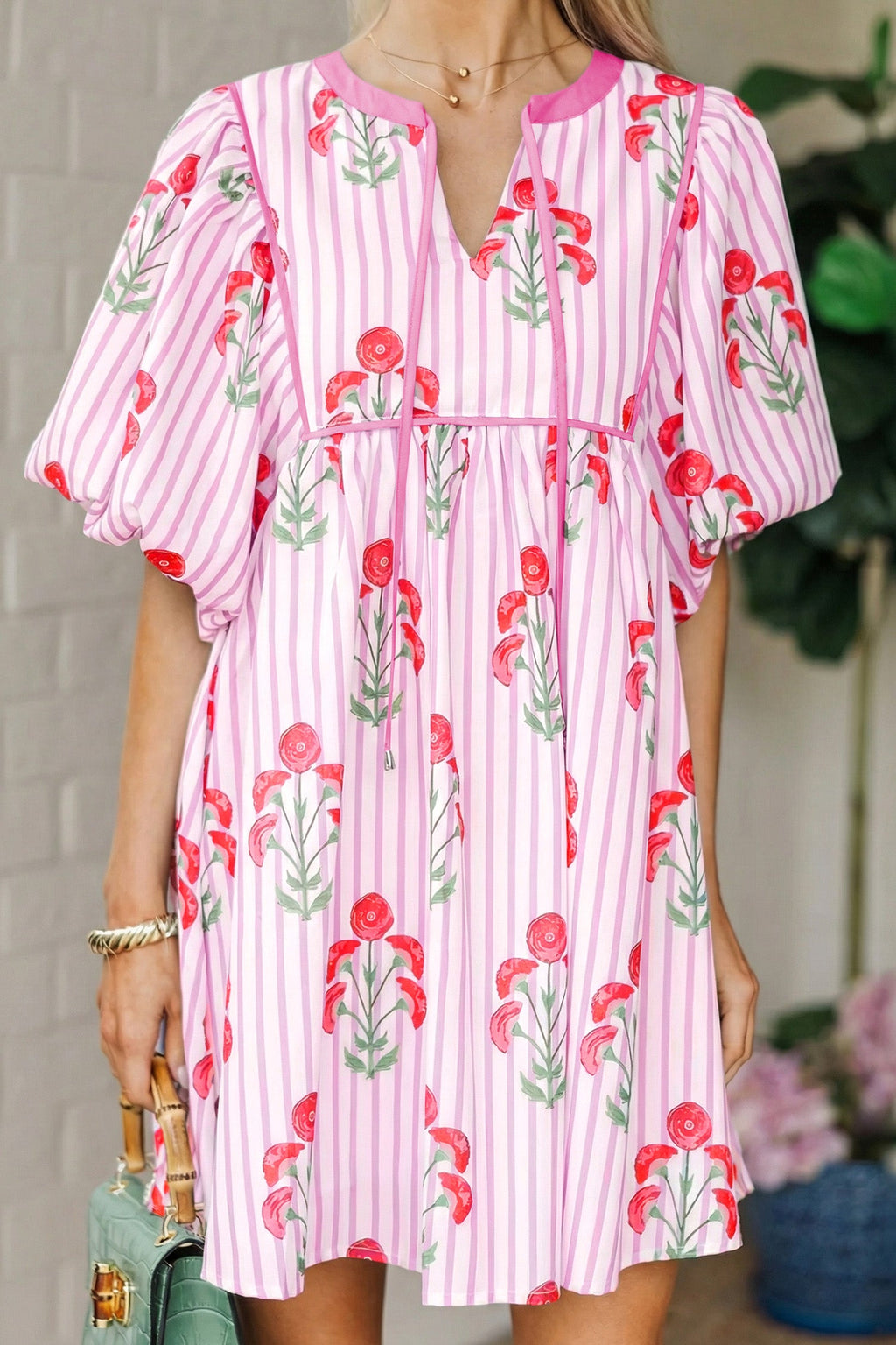 Pink Floral Striped Print Tie Notched Neck Puff Sleeve Flared Mini Dress