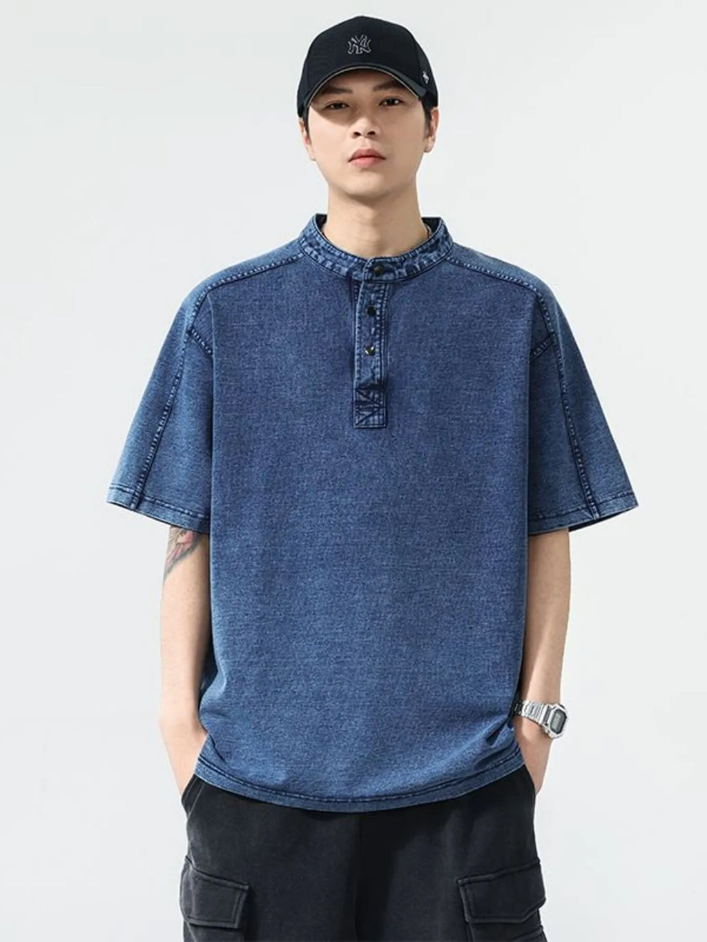 Men's Plus Size Button Detail Short Sleeve Denim Top
