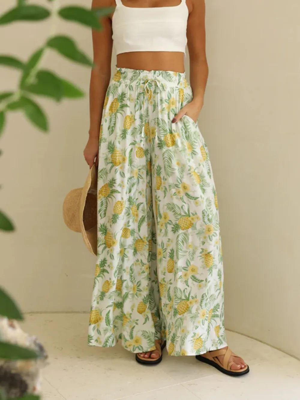 Drawstring Paperbag Waist Printed Wide Leg Pants