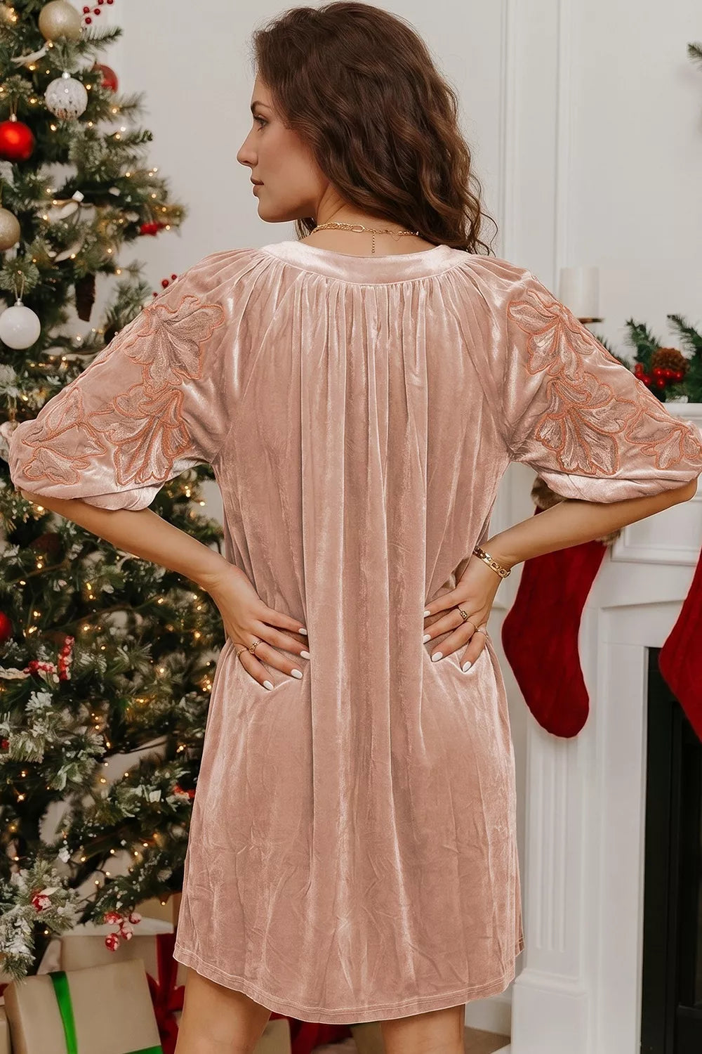 Embroidered‑Sleeve Velvet Mini Shift Dress