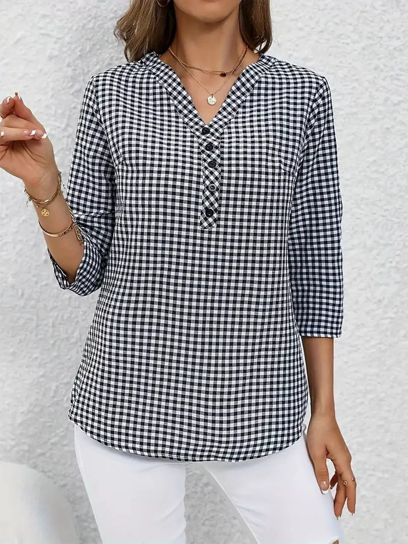 Gingham Button Detail Blouse