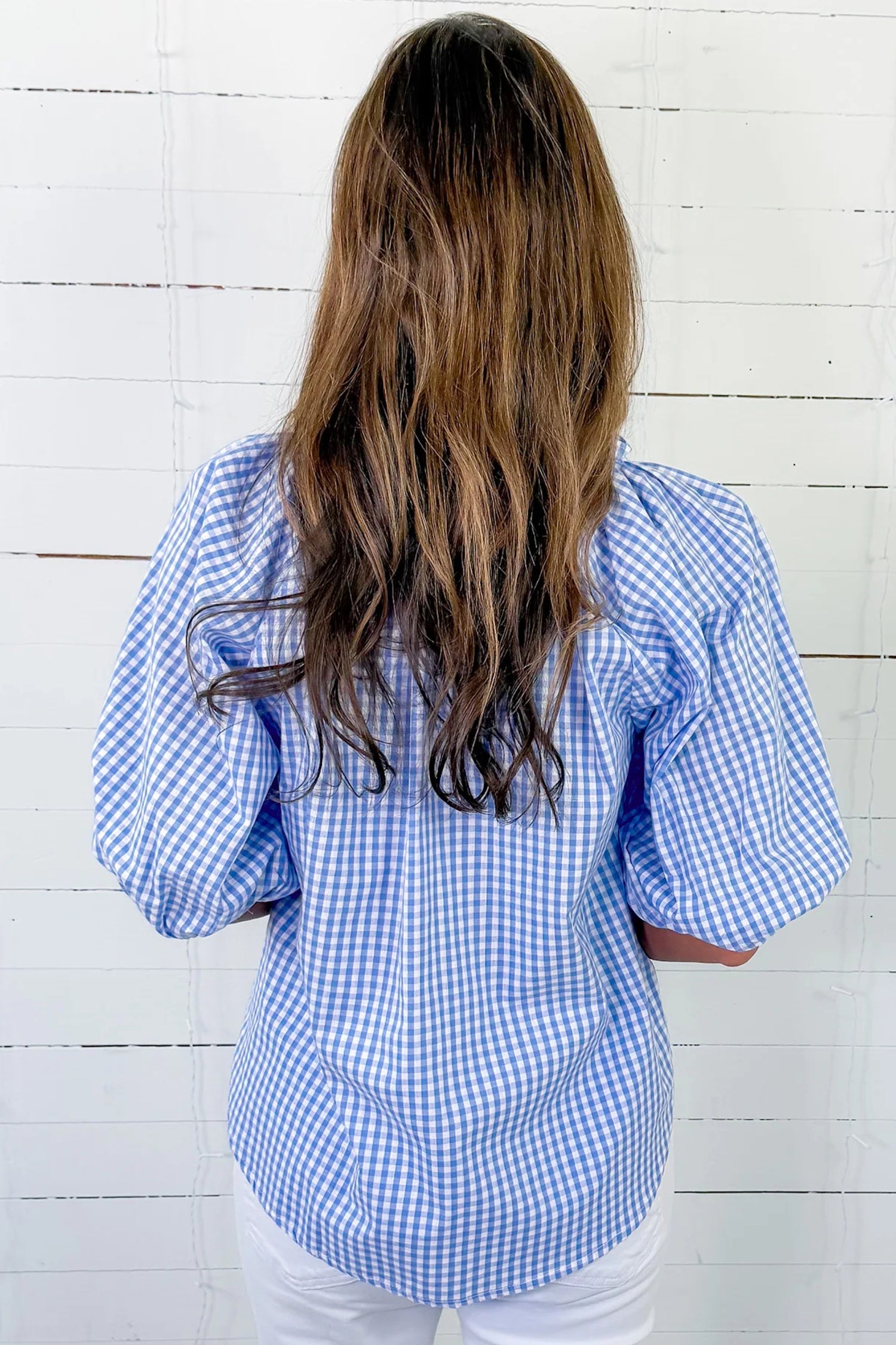 Sky Blue Summer Plaid V Neck Puff Sleeve Blouse