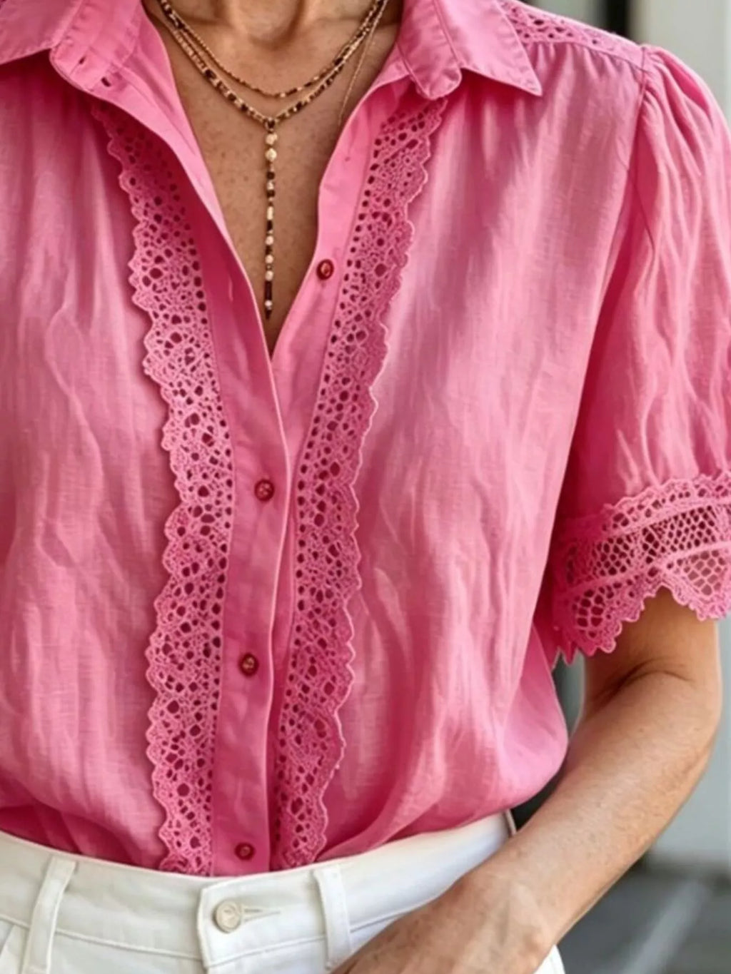 Lace-Trimmed Short Sleeve Button-Down Shirt