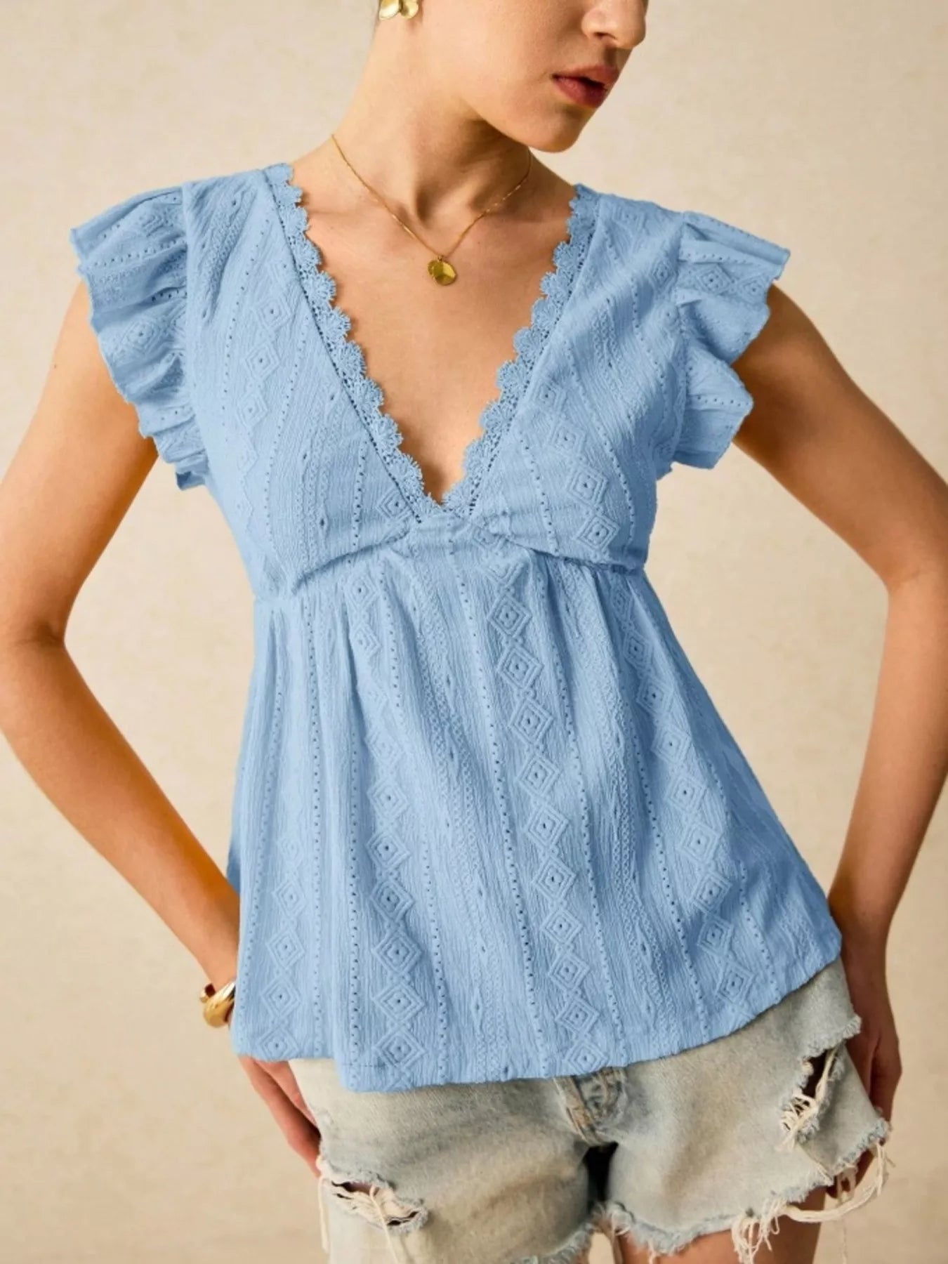 Ruffle Sleeve V-Neck Blouse