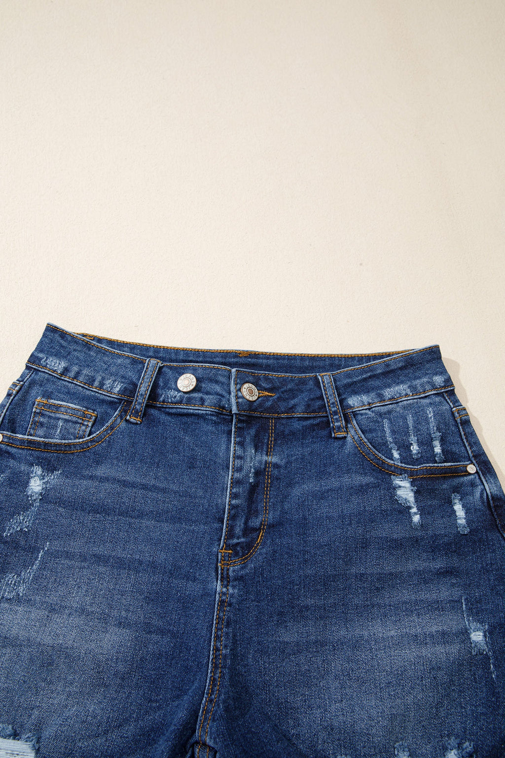 Sail Blue Asymmetric Raw Hem Distressed Whiskery Denim Shorts