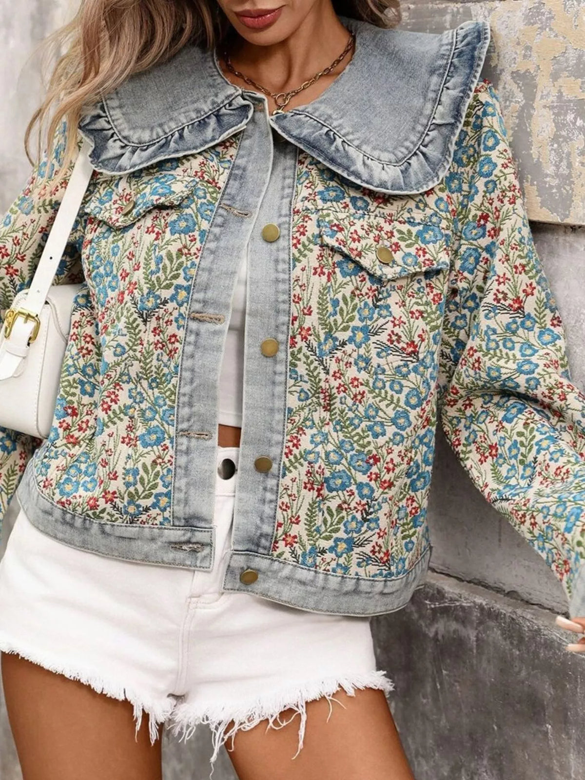 Floral Ruffle Collar Denim Jacket
