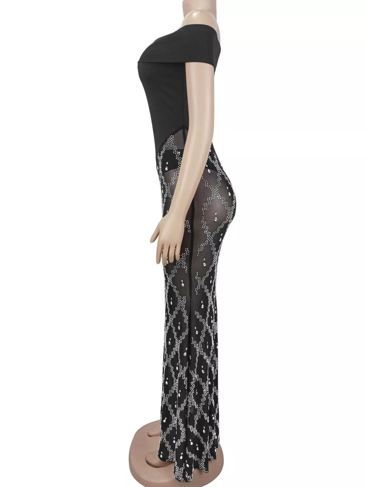 Off-Shoulder Sheer Rhinestone Embellished Maxi Dress