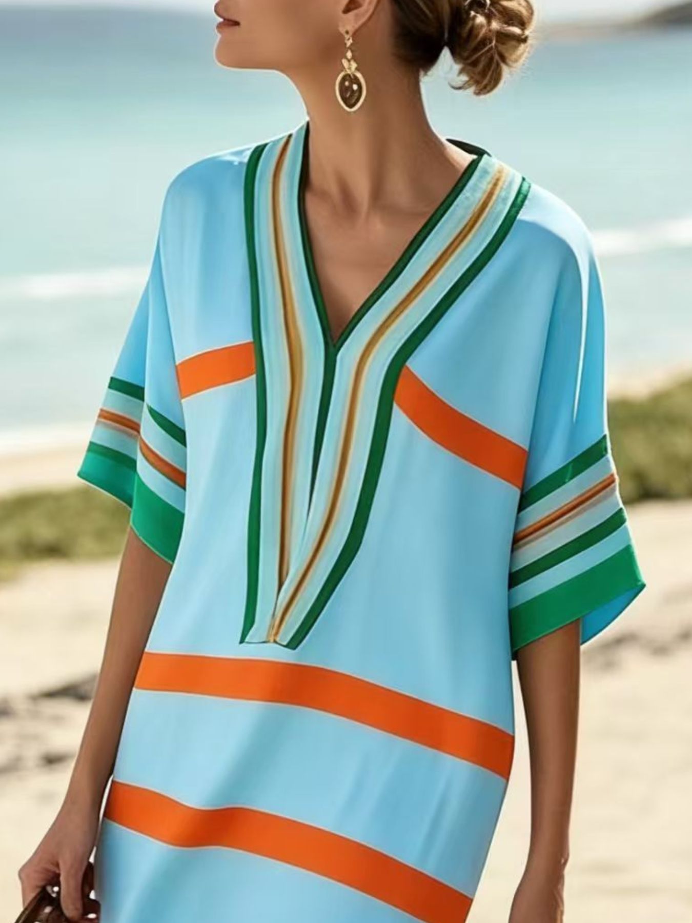 Striped Half Sleeve Midi Dress
