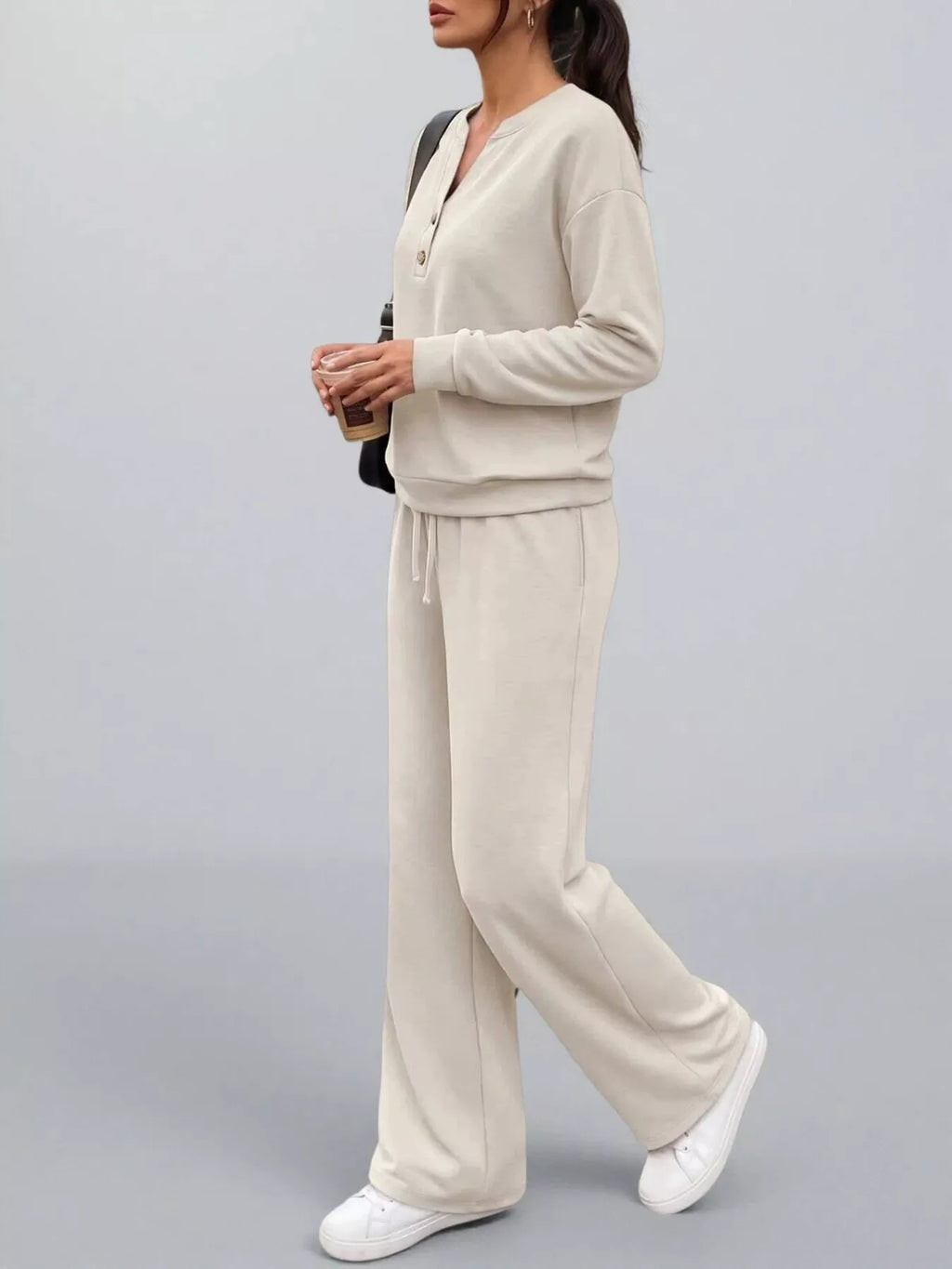 Button Detail Dropped Shoulder Top and Pants Set