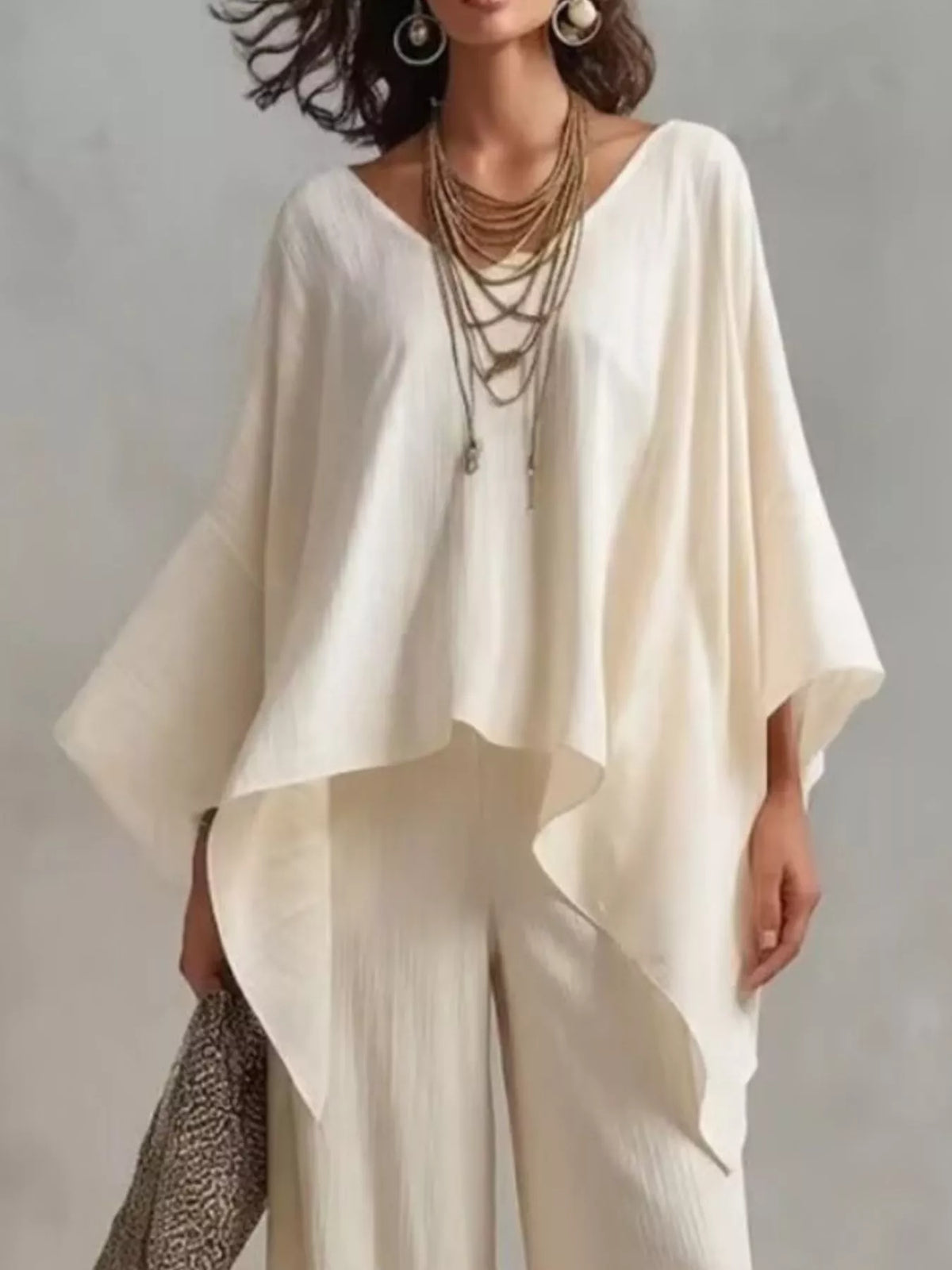 Full Size V-Neck Batwing Sleeve Top and Wide-Leg Pants Two-Piece Set Plus Size