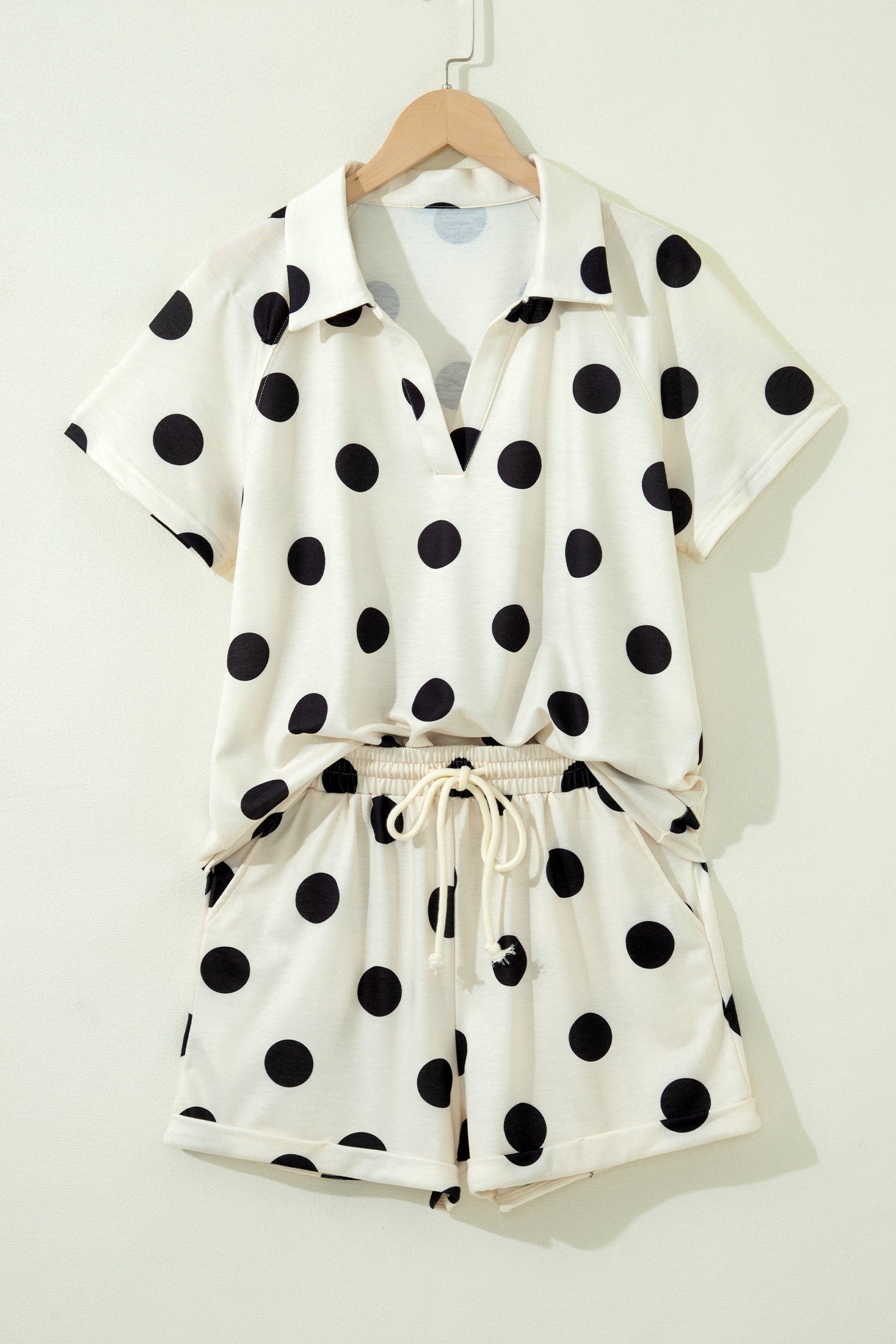 Beige Polka Dot Print V Neck Tee Short Set