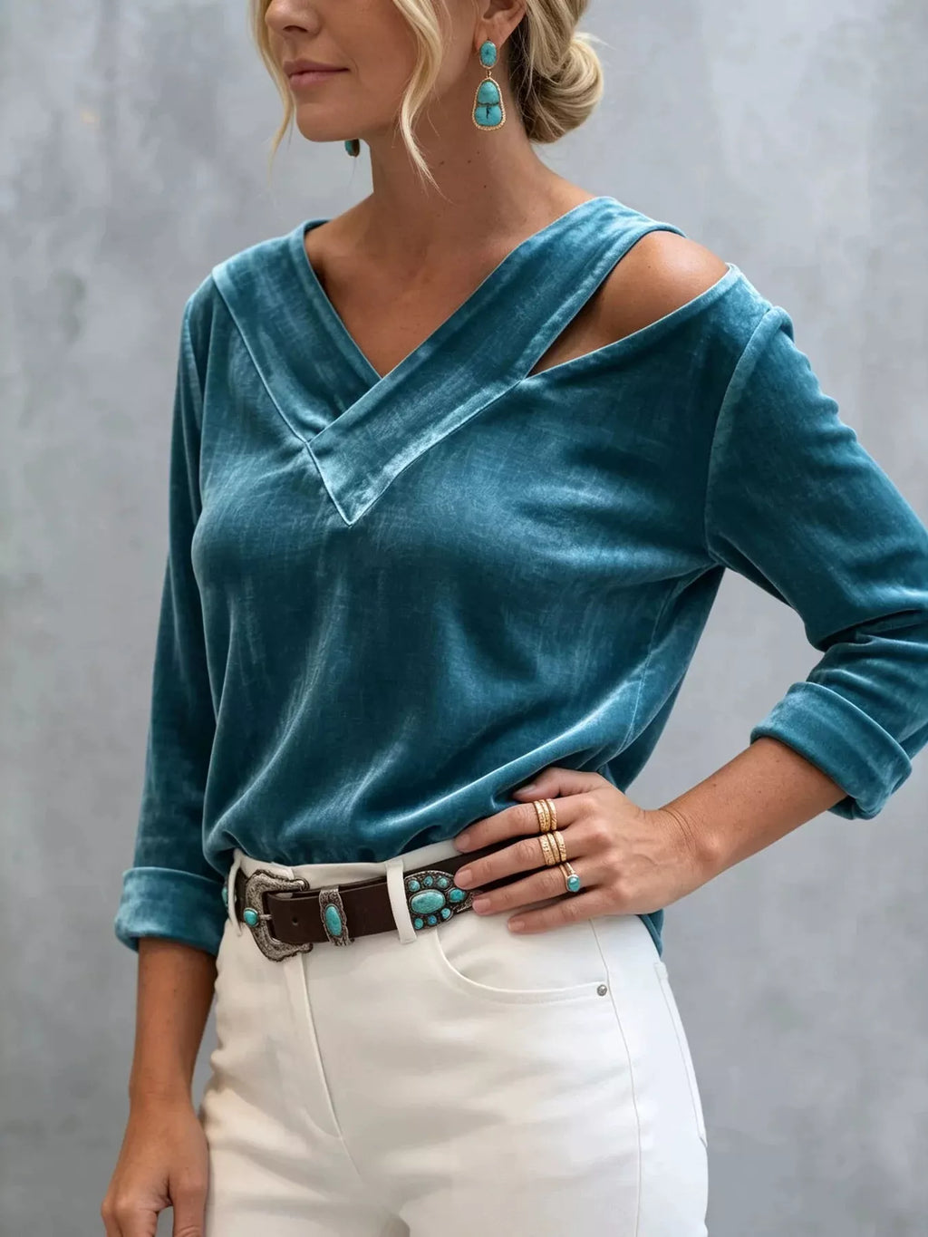 Full Size Velvet Cold-Shoulder V-Neck Blouse Plus Size
