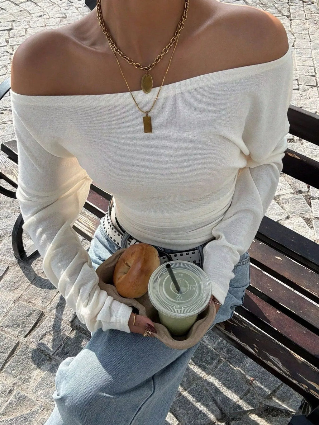 Off-Shoulder Ruched Slim Fit Long Sleeve T-Shirt