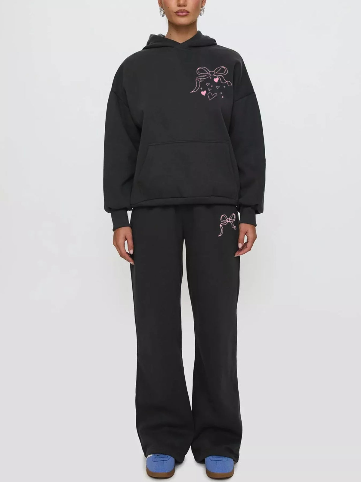 Bow and Heart Dropped Shoulder Hoodie and Pants Set