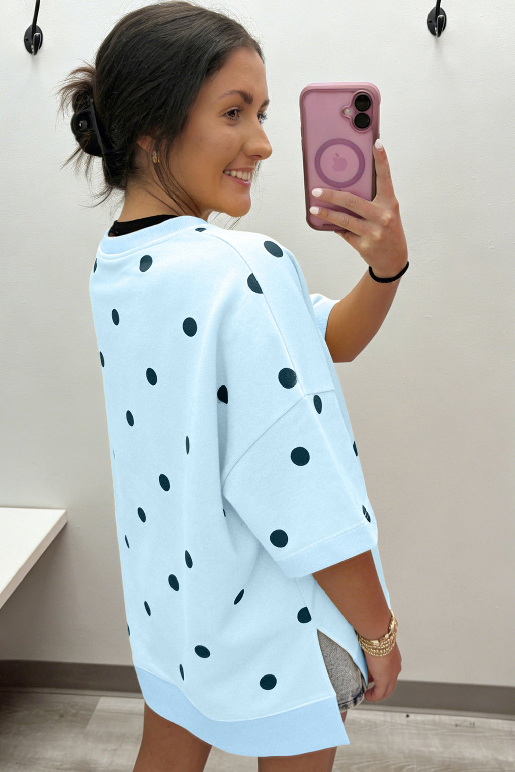 Sky Blue Polka Dot Print Crossed Seam Detail Oversize Tee