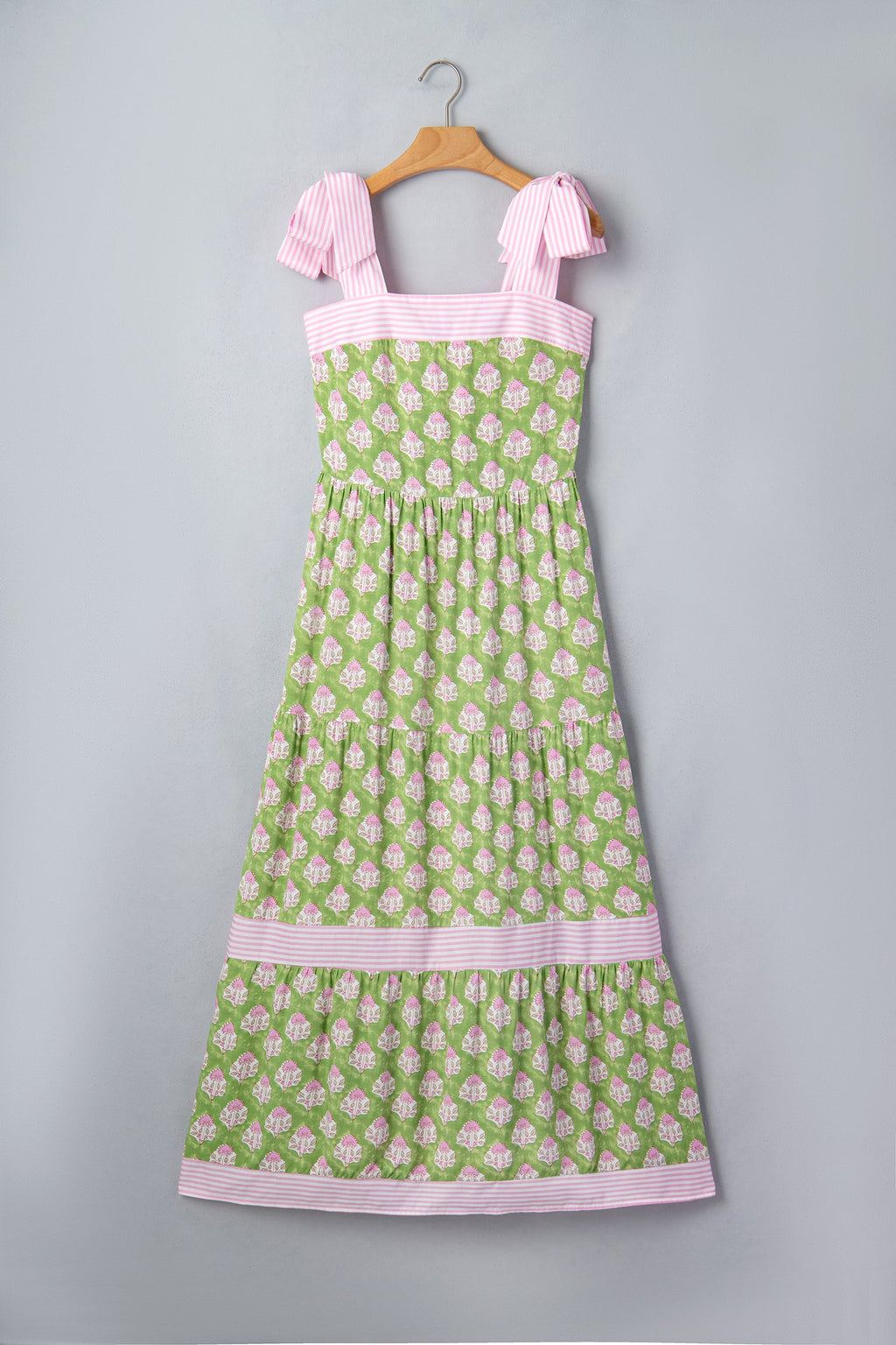 Green Floral Print Striped Detail Knot Straps Maxi Dress